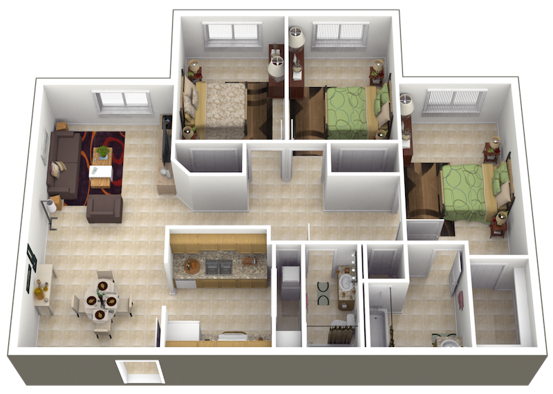 Floor plan for 3 beds, 2 baths, 1022 sqft